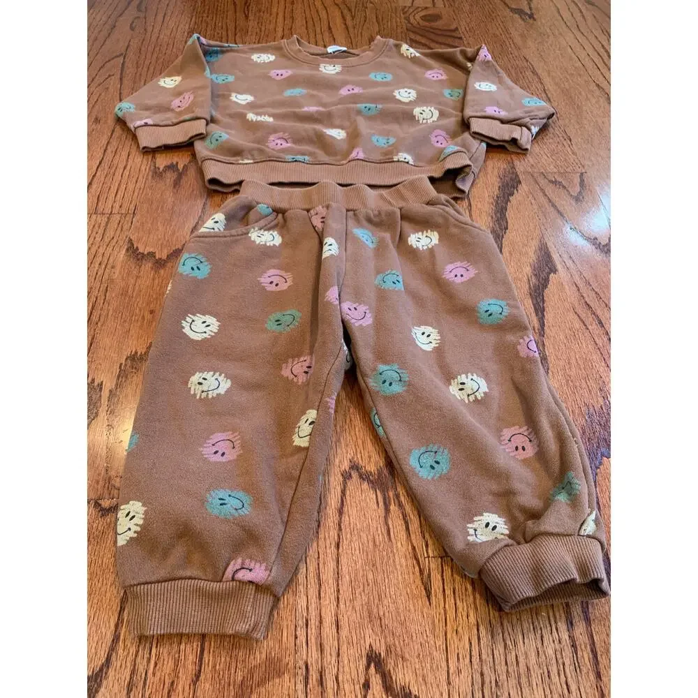 Smitn Bebe Scribble Happy Face Cotton Matching Sweatsuit Set | Brown | Small